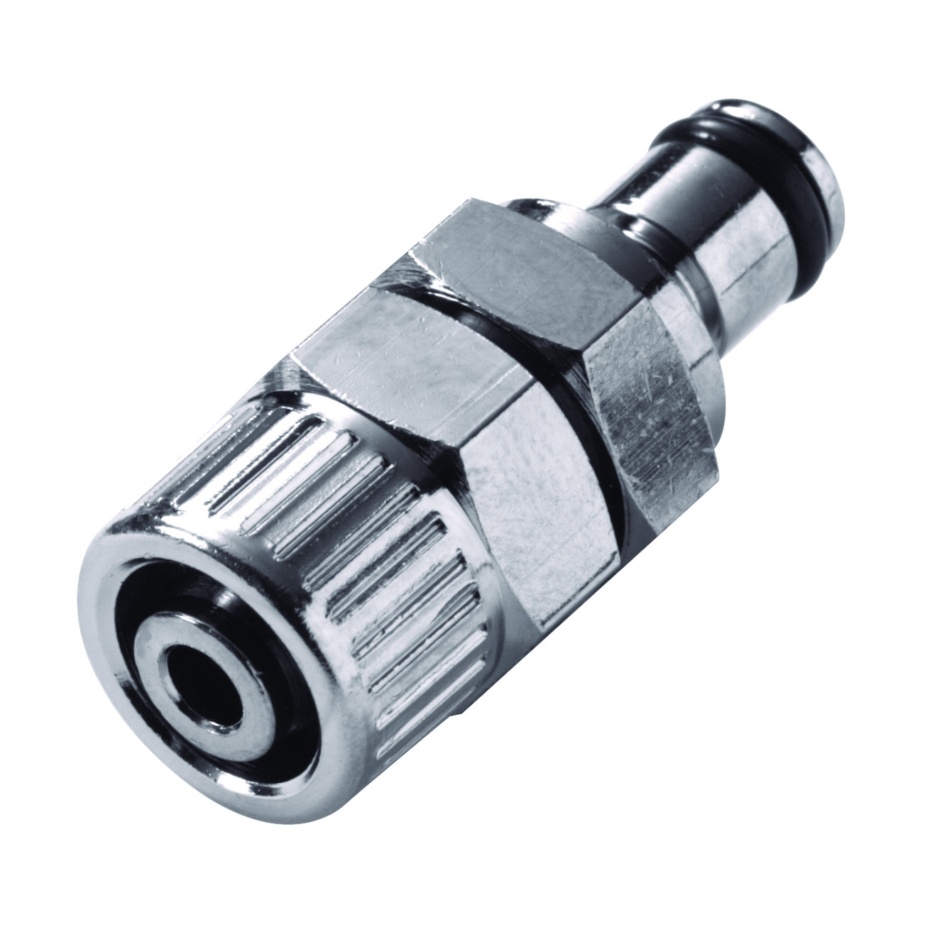 CPC Schnellverschlussstecker mit Absperrung, 3/8" (9,5 mm) AD x 6,4 mm ID, Messing verchromt
