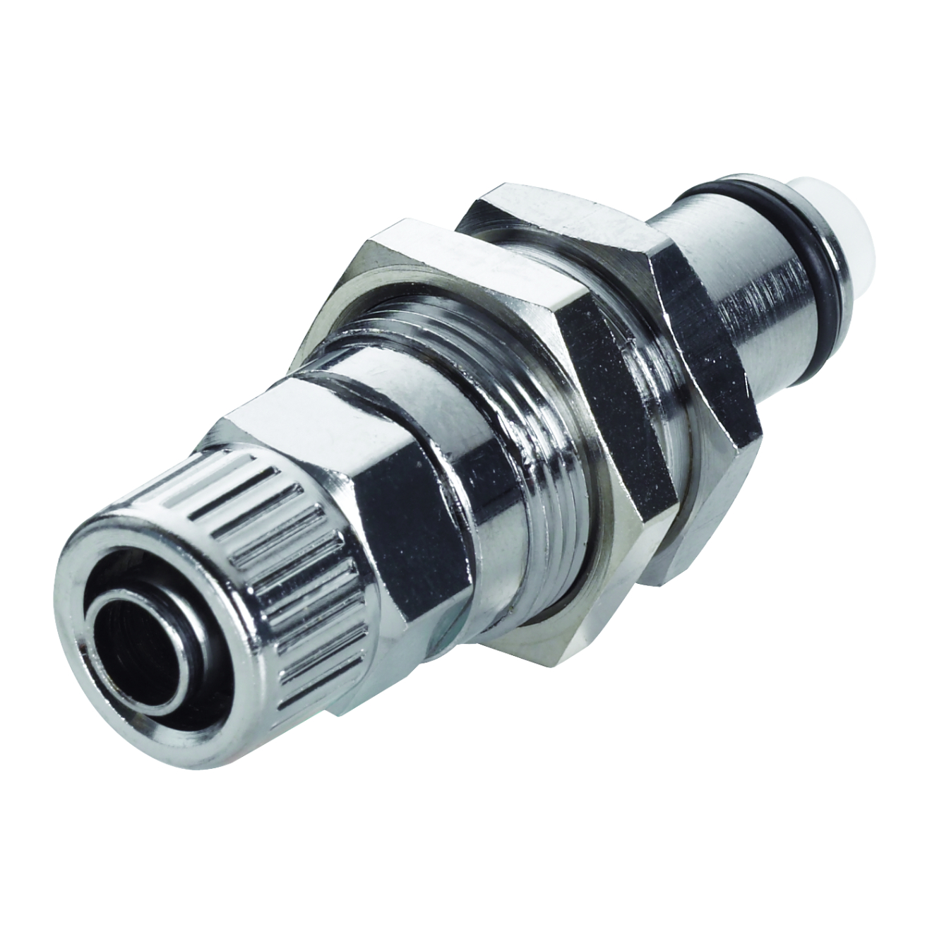 CPC Schnellverschlussstecker Schottausführung mit Absperrung, 3/8" (9,5 mm) AD x 6,4 mm ID, Messing verchromt