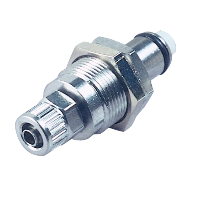 CPC Schnellverschlussstecker Schottausführung mit Absperrung, 1/4" (6,4 mm) AD x 4,3 mm ID, Messing verchromt