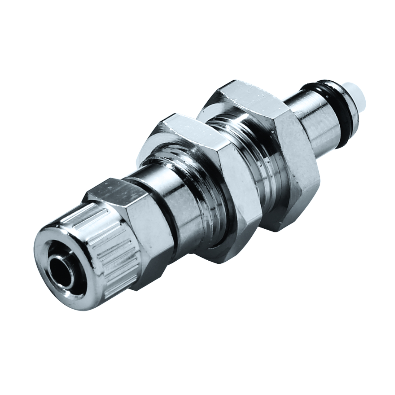 CPC Schnellverschlussstecker Schottausführung mit Absperrung, 1/4" (6,4 mm) AD x 4,3 mm ID, Messing verchromt