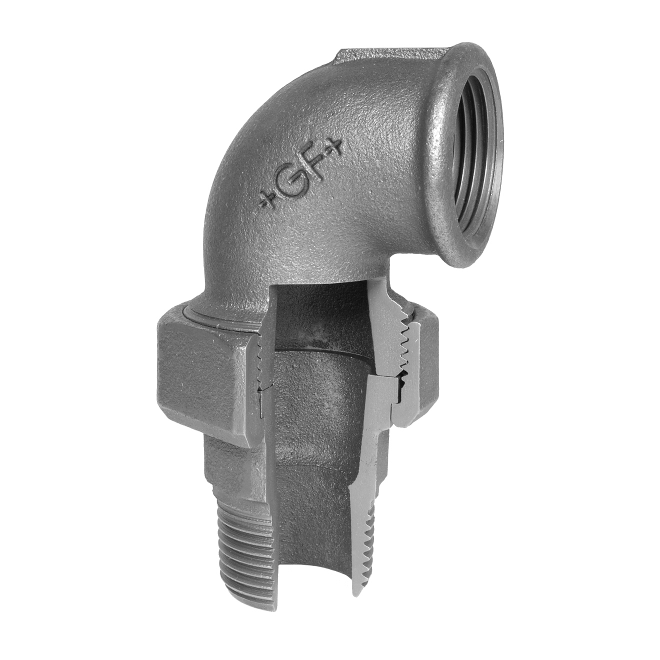 Temperguss Winkelverschraubung flach dichtend R 1 1/2" AG x Rp 1 1/2" IG Verzinkt