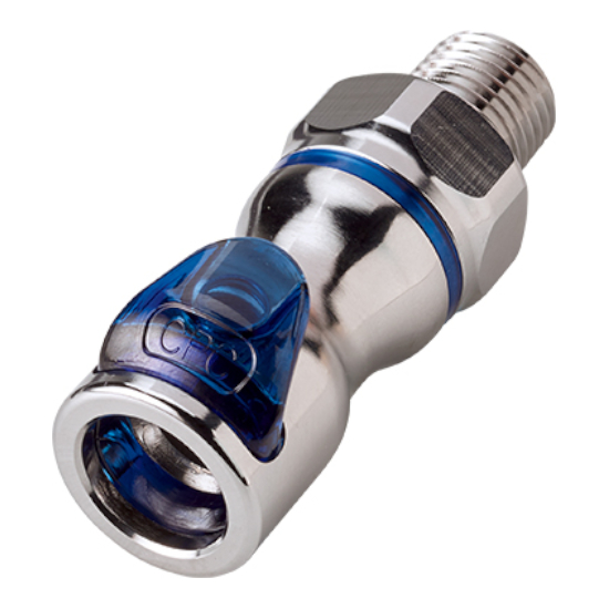 CPC Schnellverschlusskupplung mit Absperrung, 1/4“ NPT AG, Messing verchromt, Blau