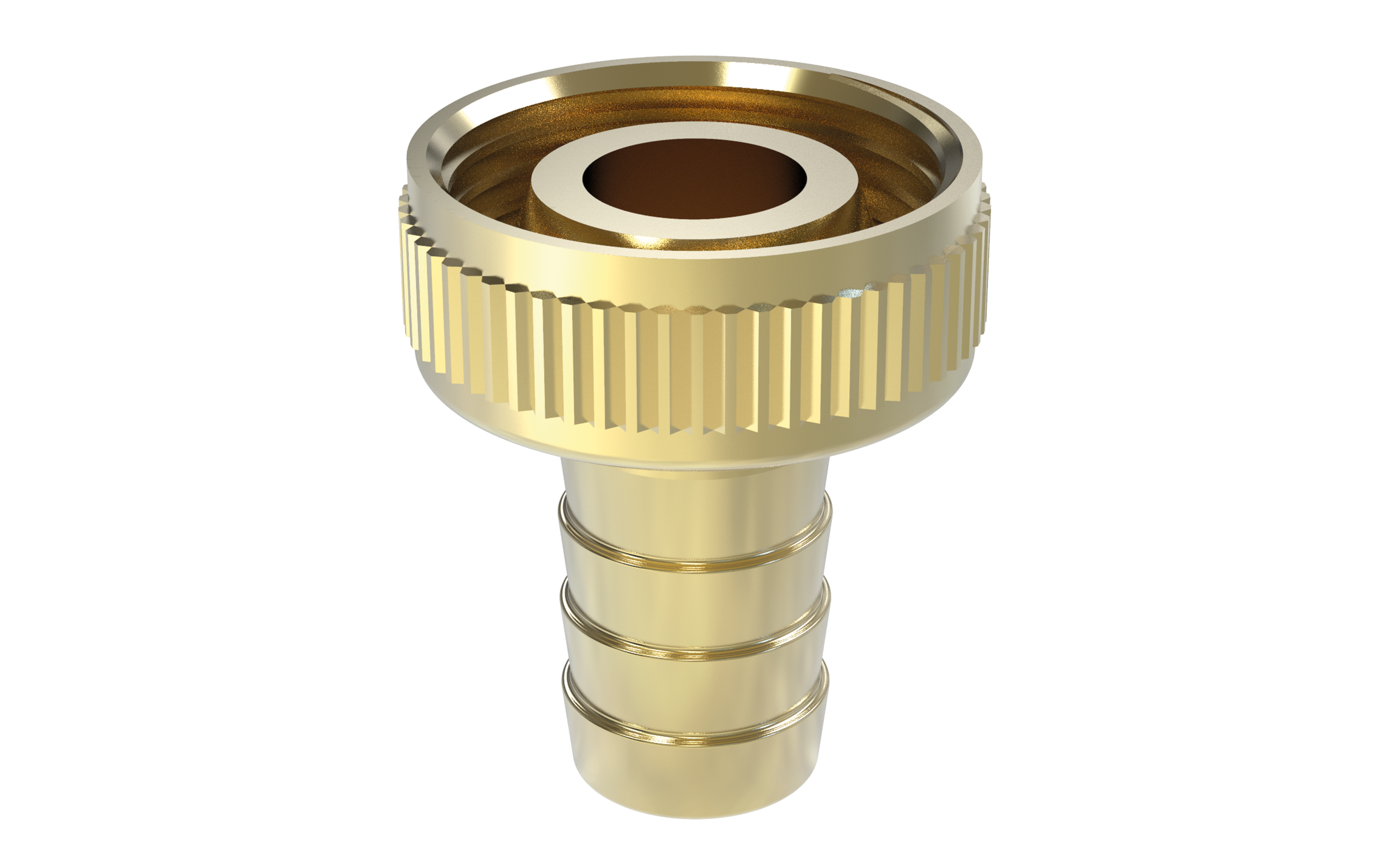 Schlauchverschraubung flachdichtend mit Rändelmutter, 10 mm x G 3/8“ IG, Messing